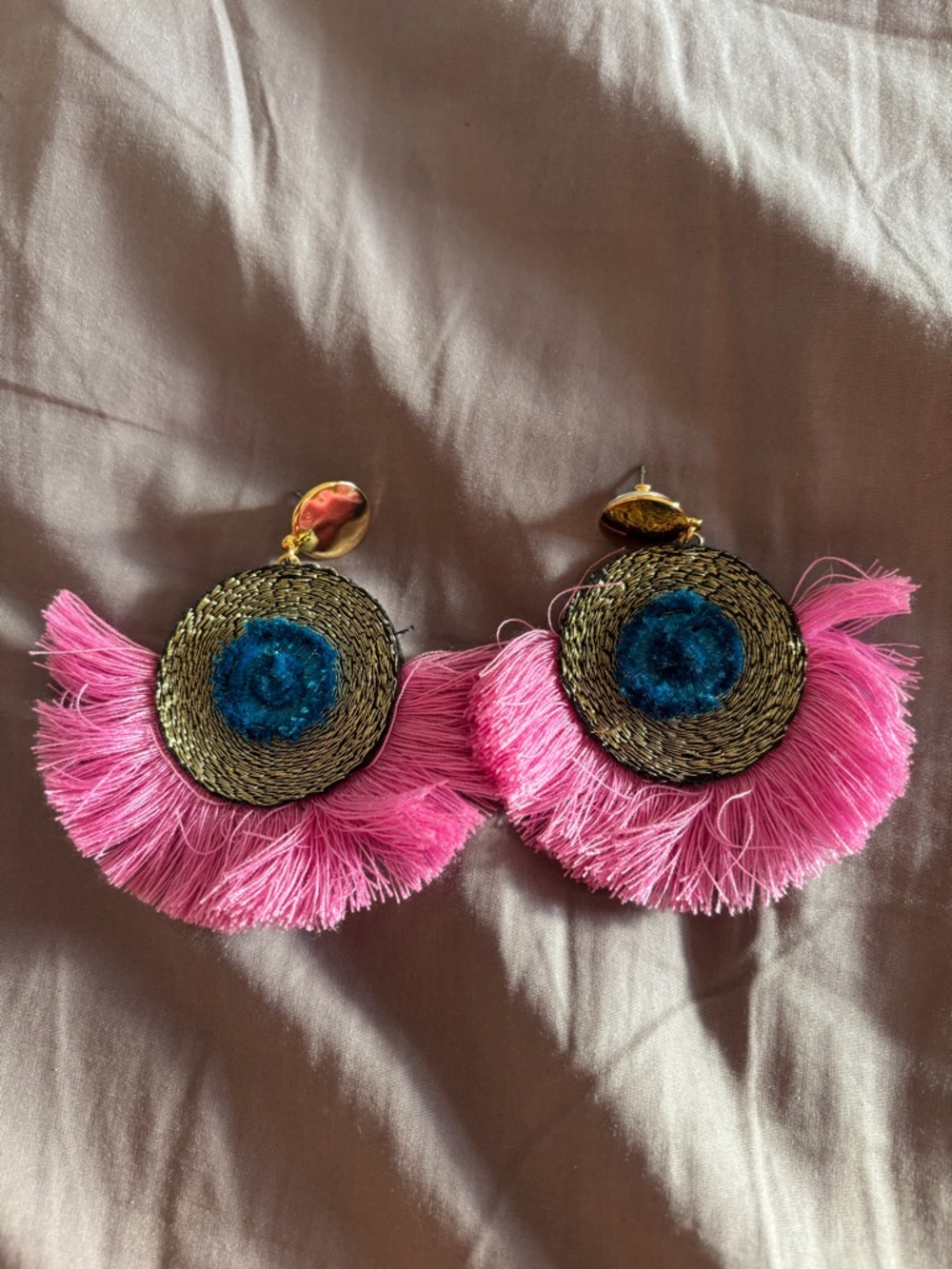 J.Crew Pink Fringe Statement Earrings | Gold & Blue Detail